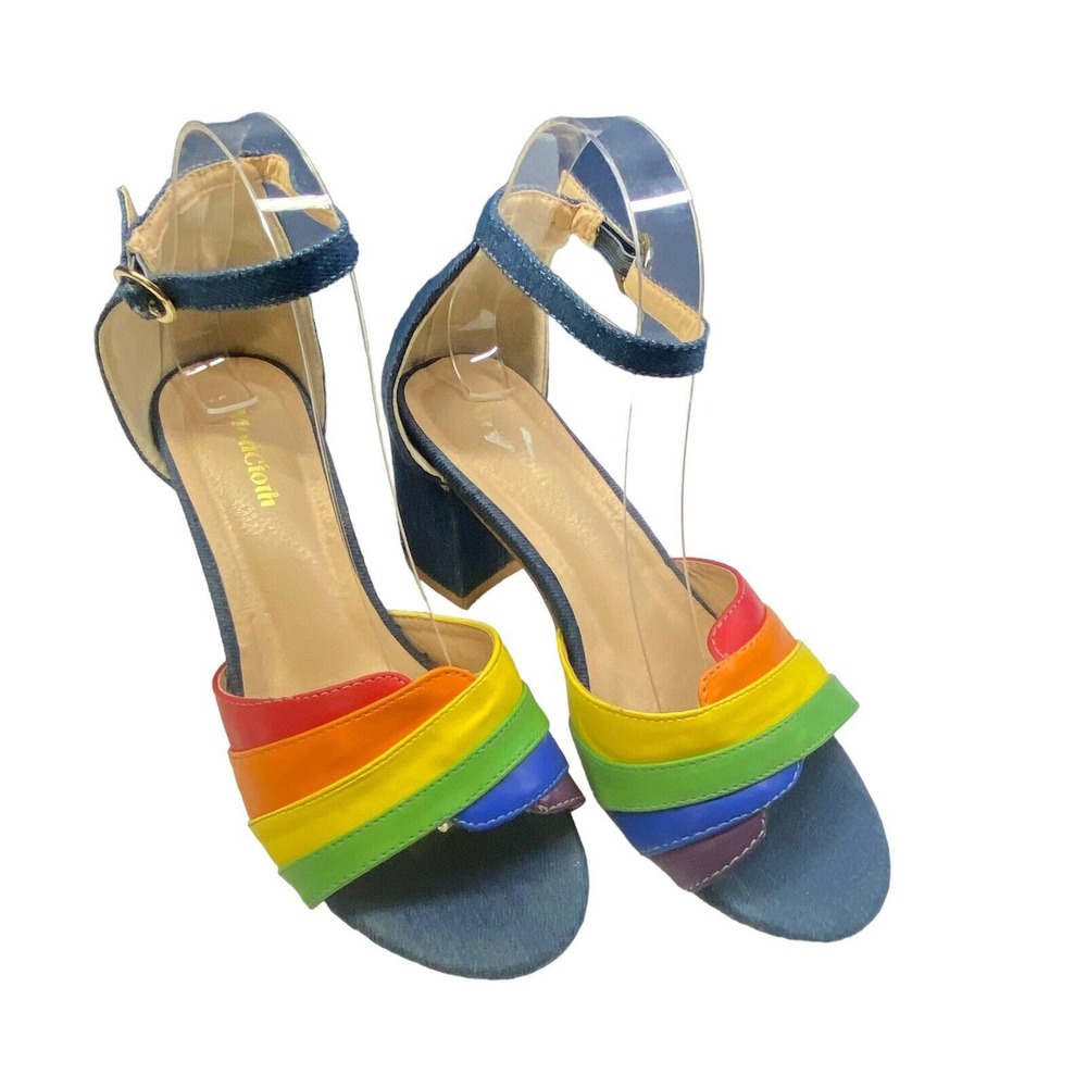MODCLOTH Women Limitless Radiance‎ Rainbow Denim Jean Sandals Heels Size 5 S-17